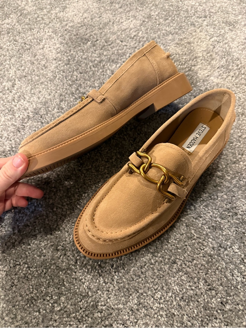 Steve Madden Tan Suede Leather Loafers with Gold Chain Bit